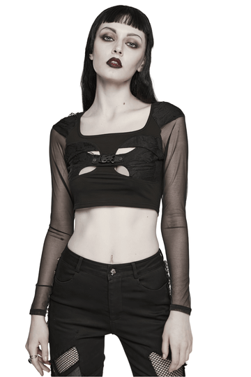 Crop Top Black with Mesh Sleeves and Skull Buckle